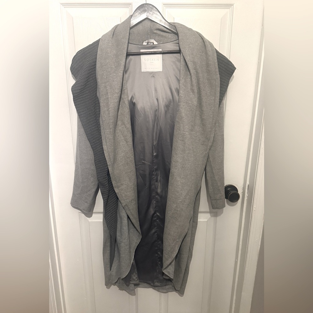 SOSKEN Women's Gray Wool Blend Layered Look Draped Collar Long Coat Size XS